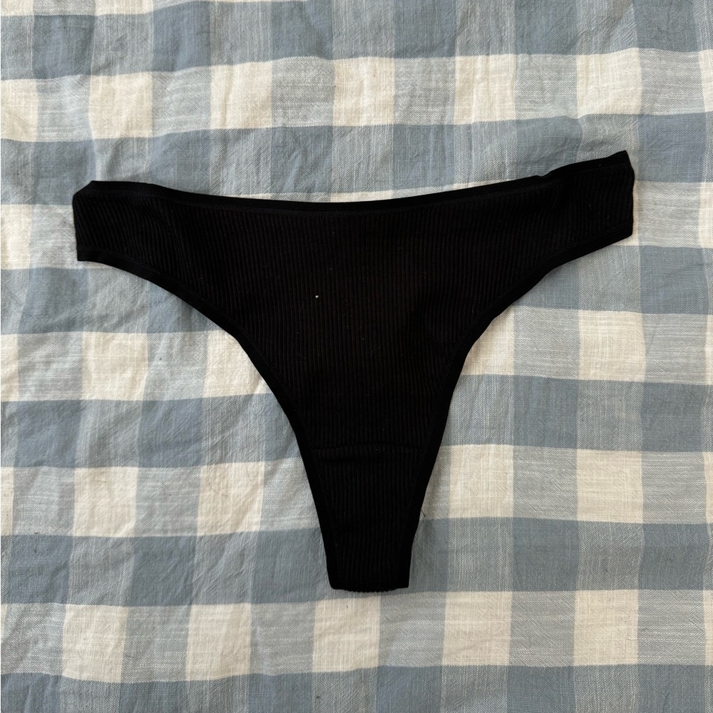 Black Ribbed Cotton Thong